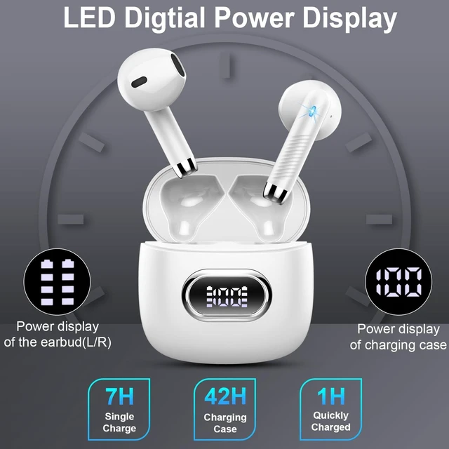 Alt view image 5 of 7 - Wireless Earbuds, Bluetooth Headphones, Stereo Bass Ear Buds with ENC Noise Cancelling Mics,42H Bluetooth Earbuds with LED Display Charging Case, IP7 Waterproof Earphones for Android iOS/Glass white