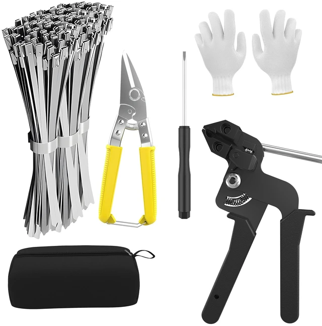 Main image of Stainless Steel Zip Ties Kit, 105 Piece Silver, 100 Pack, 11.8" Includes 304 Epoxy-Coated 100 Pack Metal Zip Ties, Plier, Scissors, Gloves, Storage Bag & Screwdriver for secure fastening