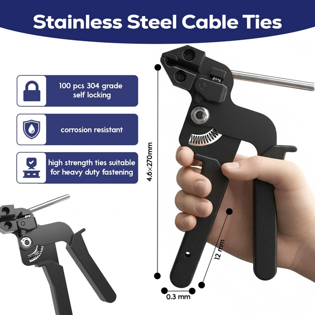 Alt view image 2 of 7 - Stainless Steel Zip Ties Kit, 105 Piece Silver, 100 Pack, 11.8" Includes 304 Epoxy-Coated 100 Pack Metal Zip Ties, Plier, Scissors, Gloves, Storage Bag & Screwdriver for secure fastening