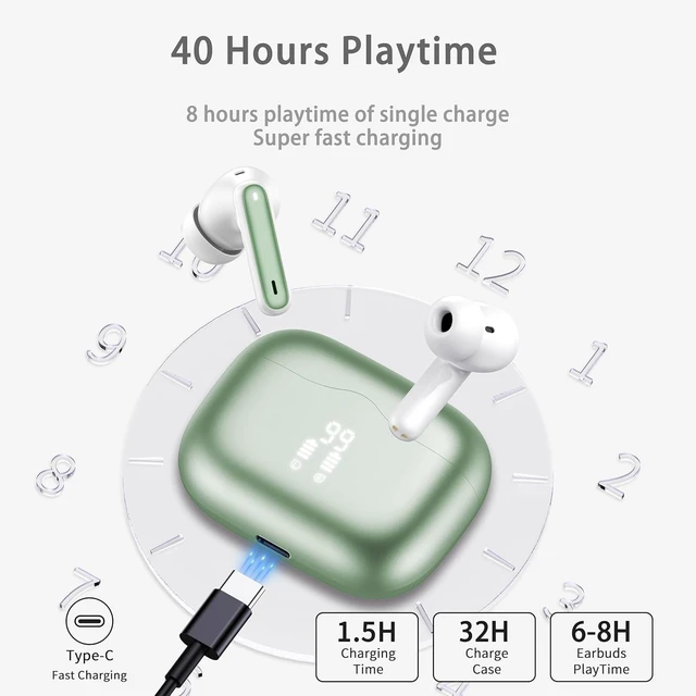 Alt view image 6 of 7 - Wireless Earbuds, Bluetooth 5.4 Headphones in Ear with 4 ENC Noise Cancelling Mic, New Wireless Earphones HiFi Stereo Deep Bass 40H Playtime, In-Ear Bluetooth Earbuds LED Display IP7, USB-C, Green