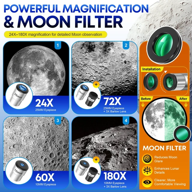 Alt view image 4 of 7 - Telescope for Adults High Powered, 90mm Aperture 600mm Portable Refractor Telescopes for Kids & Astronomy Beginners with Moon Filter, Moon Phase Guide, Tripod, Phone Adapter & Carry Bag