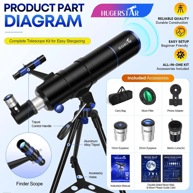 Alt view image 5 of 7 - Telescope for Adults High Powered, 90mm Aperture 600mm Portable Refractor Telescopes for Kids & Astronomy Beginners with Moon Filter, Moon Phase Guide, Tripod, Phone Adapter & Carry Bag