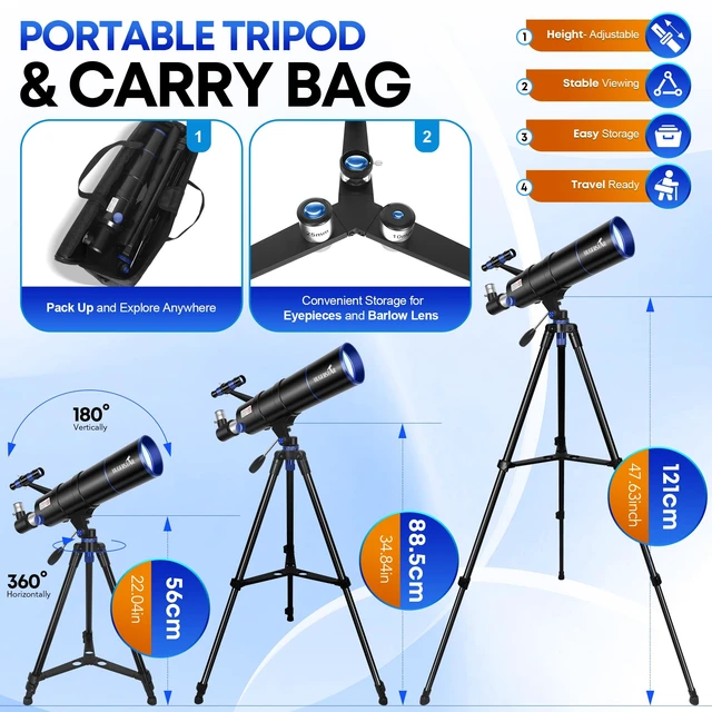 Alt view image 7 of 7 - Telescope for Adults High Powered, 90mm Aperture 600mm Portable Refractor Telescopes for Kids & Astronomy Beginners with Moon Filter, Moon Phase Guide, Tripod, Phone Adapter & Carry Bag