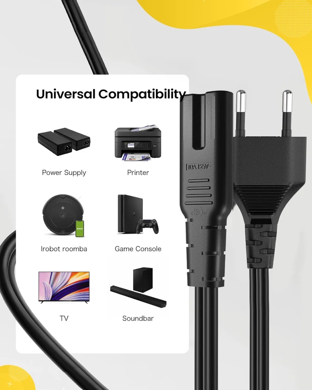 Alt view image 4 of 6 - (5 Pack) European EU 2- Slot Printer Power Cord Cable, Non-Polarized (IEC-320-C7 to CEE 7/16) Works with TV, Printer, Chargers, PS4 Game Console and More for European Travel - 5 Pack