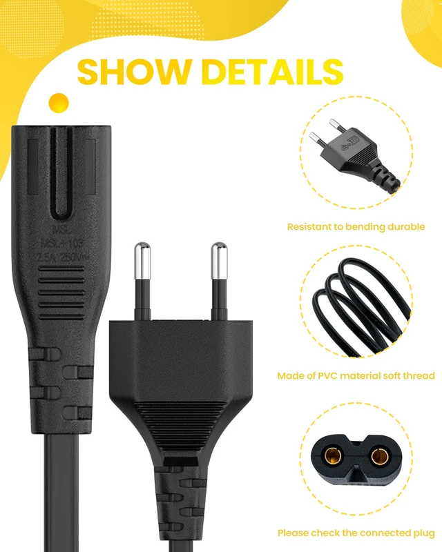 Alt view image 3 of 6 - (5 Pack) European EU 2- Slot Printer Power Cord Cable, Non-Polarized (IEC-320-C7 to CEE 7/16) Works with TV, Printer, Chargers, PS4 Game Console and More for European Travel - 5 Pack