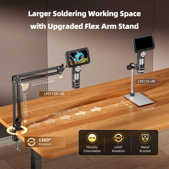 Alt view image 3 of 7 - 4K 5 inch HDMI Digital Soldering Microscope, Flex Arm Stand with C-Clamp LM115A-4K Soldering Microscope Camera for PCB, 3840P Handheld Coin Magnifier Full View with Screen, 8 LED Light, PC View, 32G