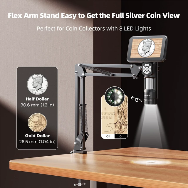 Alt view image 5 of 7 - 4K 5 inch HDMI Digital Soldering Microscope, Flex Arm Stand with C-Clamp LM115A-4K Soldering Microscope Camera for PCB, 3840P Handheld Coin Magnifier Full View with Screen, 8 LED Light, PC View, 32G