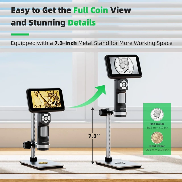 Alt view image 4 of 7 - 4K HDMI Digital Microscope with 5" Screen for Coins, 3840P UHD Video LM115-4K Soldering Microscope Camera 1200X, Coin Magnifier Handheld Adults, 8 LED Lights, 7.3" Metal Stand, PC View, 32G