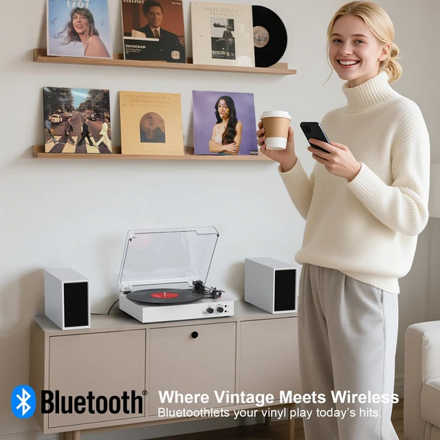 Alt view image 2 of 7 - Record Player with External Speakers Vintage Bluetooth Turntables for Vinyl Records, 3 Speed Belt Drive Vinyl Player with Dual Stereo Speakers, PC Encoding, RCA/AUX/Headphone, in White