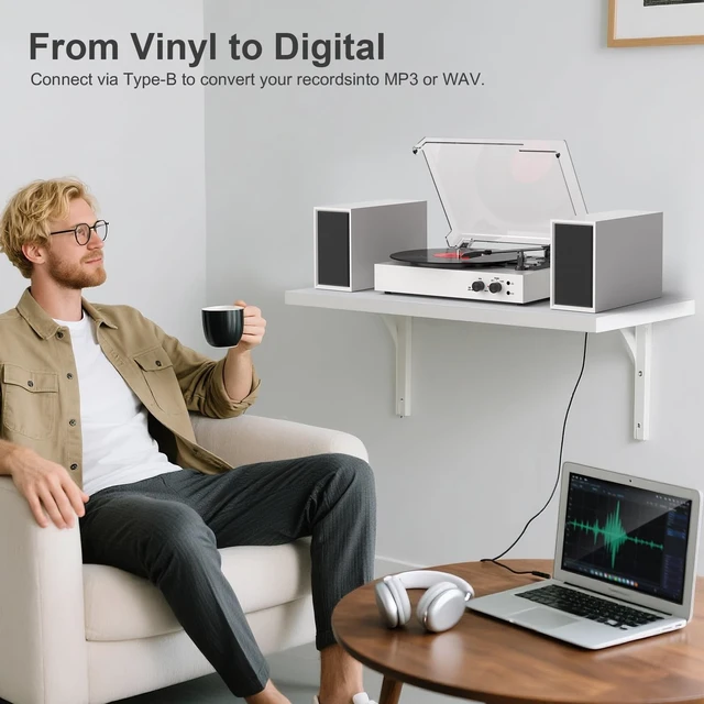 Alt view image 3 of 7 - Record Player with External Speakers Vintage Bluetooth Turntables for Vinyl Records, 3 Speed Belt Drive Vinyl Player with Dual Stereo Speakers, PC Encoding, RCA/AUX/Headphone, in White
