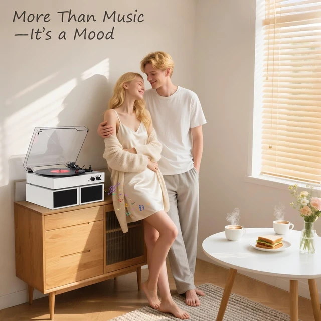 Alt view image 5 of 7 - Record Player with External Speakers Vintage Bluetooth Turntables for Vinyl Records, 3 Speed Belt Drive Vinyl Player with Dual Stereo Speakers, PC Encoding, RCA/AUX/Headphone, in White
