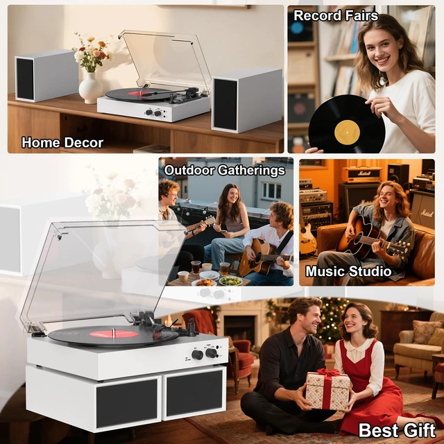 Alt view image 6 of 7 - Record Player with External Speakers Vintage Bluetooth Turntables for Vinyl Records, 3 Speed Belt Drive Vinyl Player with Dual Stereo Speakers, PC Encoding, RCA/AUX/Headphone, in White