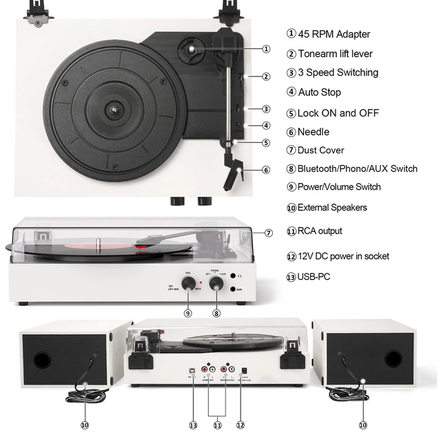 Alt view image 7 of 7 - Record Player with External Speakers Vintage Bluetooth Turntables for Vinyl Records, 3 Speed Belt Drive Vinyl Player with Dual Stereo Speakers, PC Encoding, RCA/AUX/Headphone, in White