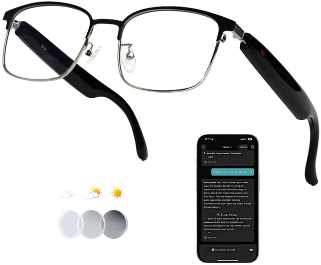 Main image of AI Smart Bluetooth Glasses with Speakers, Translation & Photochromic 170mAh battery, open-ear audio for music, ideal for travel, work, sports