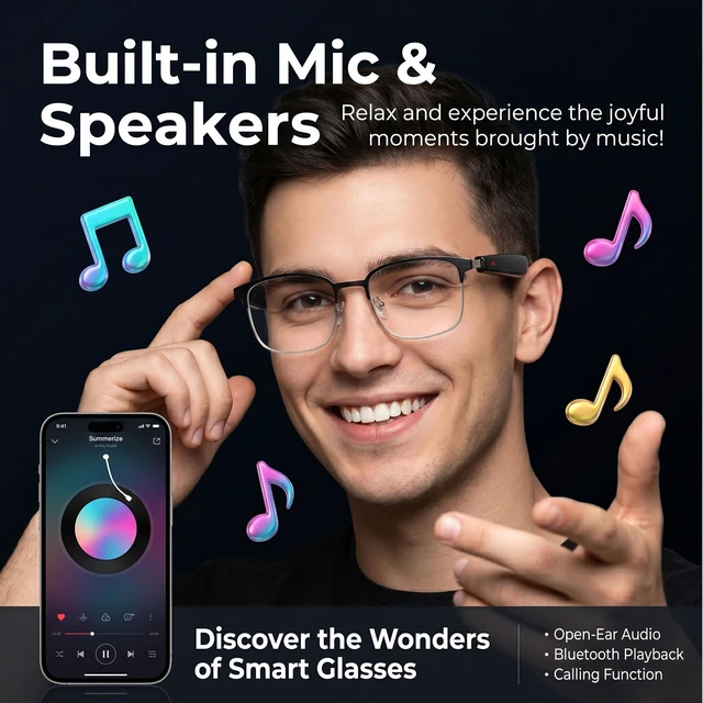 Alt view image 3 of 7 - AI Smart Bluetooth Glasses with Speakers, Translation & Photochromic 170mAh battery, open-ear audio for music, ideal for travel, work, sports