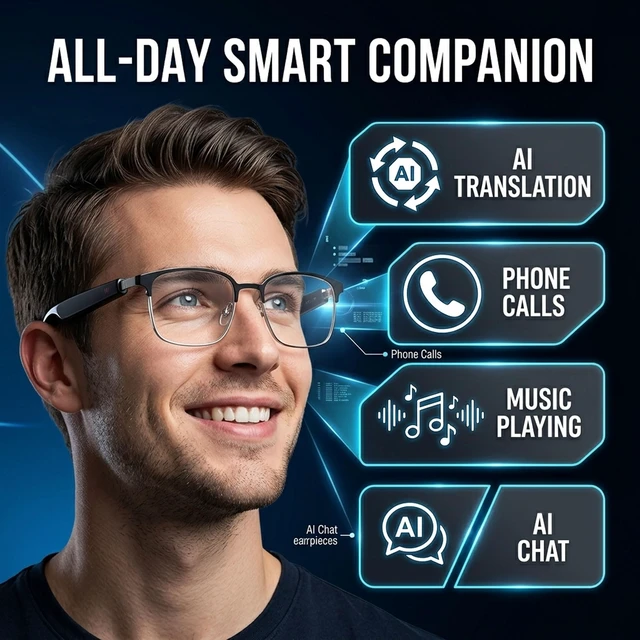 Alt view image 2 of 7 - AI Smart Bluetooth Glasses with Speakers, Translation & Photochromic 170mAh battery, open-ear audio for music, ideal for travel, work, sports