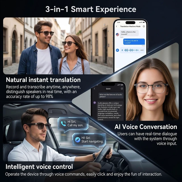Alt view image 4 of 7 - AI Smart Bluetooth Glasses with Speakers, Translation & Photochromic 170mAh battery, open-ear audio for music, ideal for travel, work, sports