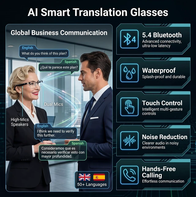 Alt view image 5 of 7 - AI Smart Bluetooth Glasses with Speakers, Translation & Photochromic 170mAh battery, open-ear audio for music, ideal for travel, work, sports