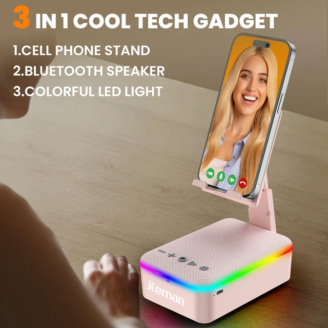 Alt view image 3 of 7 - Gifts for Men Women,Cell Phone Stand with Bluetooth Speaker and LED Light,Cool Tech Gadgets,Unique Birthday Gifts for Men Husband Mom Dad-Pink