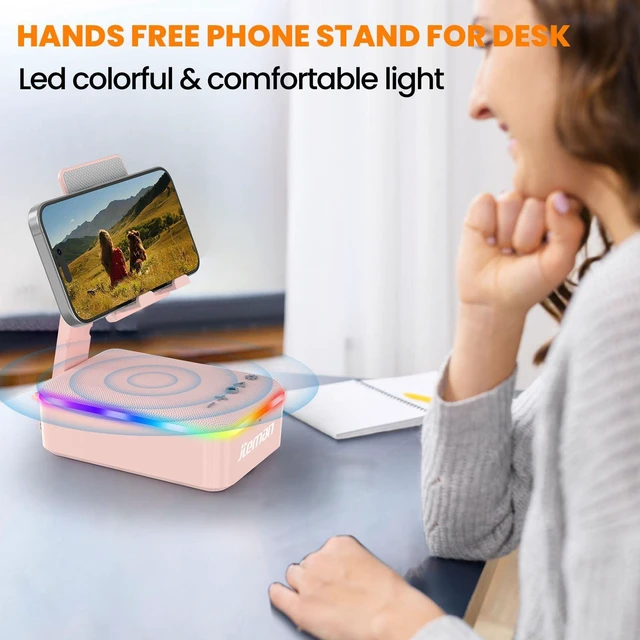Alt view image 5 of 7 - Gifts for Men Women,Cell Phone Stand with Bluetooth Speaker and LED Light,Cool Tech Gadgets,Unique Birthday Gifts for Men Husband Mom Dad-Pink