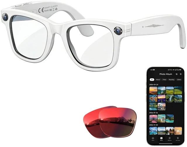 Main image of AI Smart Glasses with Camera, White Bluetooth Glasses for Men Women Anti-Shake Video, Real Time Translation, AI Voice Assistant, Object Recognition