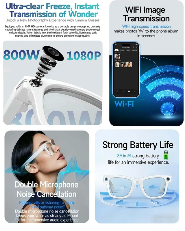 Alt view image 2 of 7 - AI Smart Glasses with Camera, White Bluetooth Glasses for Men Women Anti-Shake Video, Real Time Translation, AI Voice Assistant, Object Recognition