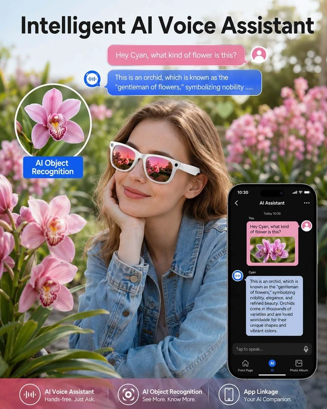 Alt view image 5 of 7 - AI Smart Glasses with Camera, White Bluetooth Glasses for Men Women Anti-Shake Video, Real Time Translation, AI Voice Assistant, Object Recognition