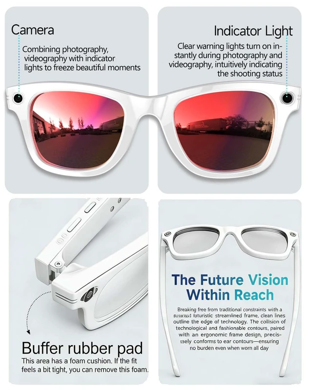 Alt view image 7 of 7 - AI Smart Glasses with Camera, White Bluetooth Glasses for Men Women Anti-Shake Video, Real Time Translation, AI Voice Assistant, Object Recognition