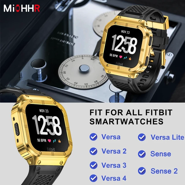 Alt view image 2 of 6 - Silicone Bands with Metal Case for Fitbit Versa 4/3/2/Lite, Sense/Sense 2 Soft Silicone Bands with Metal Case, Rugged Sports Protector Cover Replacement Wristbands for Men Women, Gold