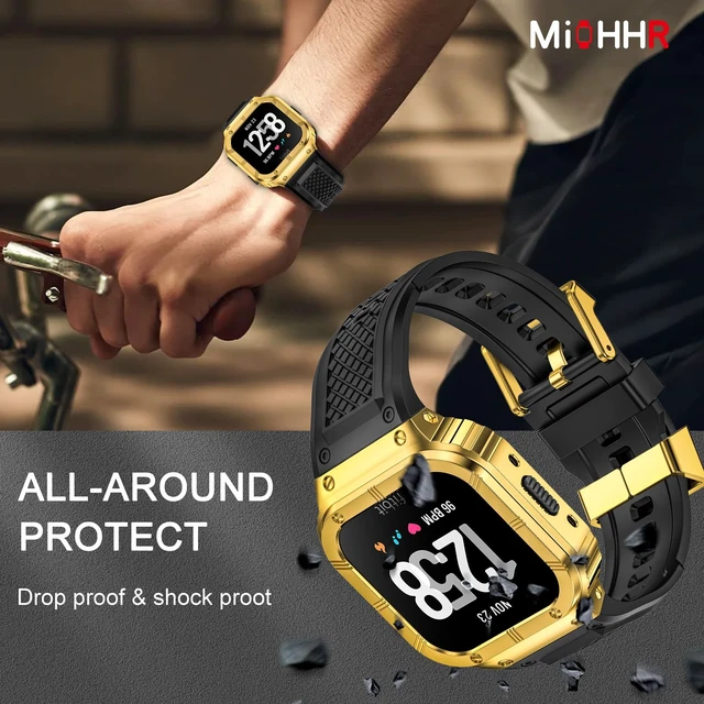 Alt view image 3 of 6 - Silicone Bands with Metal Case for Fitbit Versa 4/3/2/Lite, Sense/Sense 2 Soft Silicone Bands with Metal Case, Rugged Sports Protector Cover Replacement Wristbands for Men Women, Gold