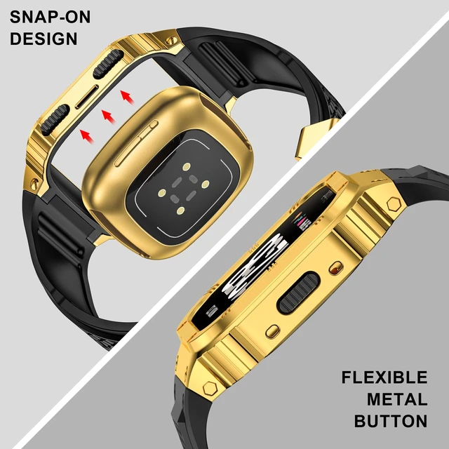 Alt view image 4 of 6 - Silicone Bands with Metal Case for Fitbit Versa 4/3/2/Lite, Sense/Sense 2 Soft Silicone Bands with Metal Case, Rugged Sports Protector Cover Replacement Wristbands for Men Women, Gold