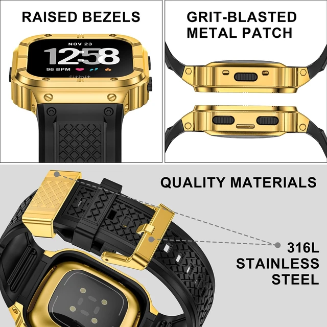 Alt view image 5 of 6 - Silicone Bands with Metal Case for Fitbit Versa 4/3/2/Lite, Sense/Sense 2 Soft Silicone Bands with Metal Case, Rugged Sports Protector Cover Replacement Wristbands for Men Women, Gold