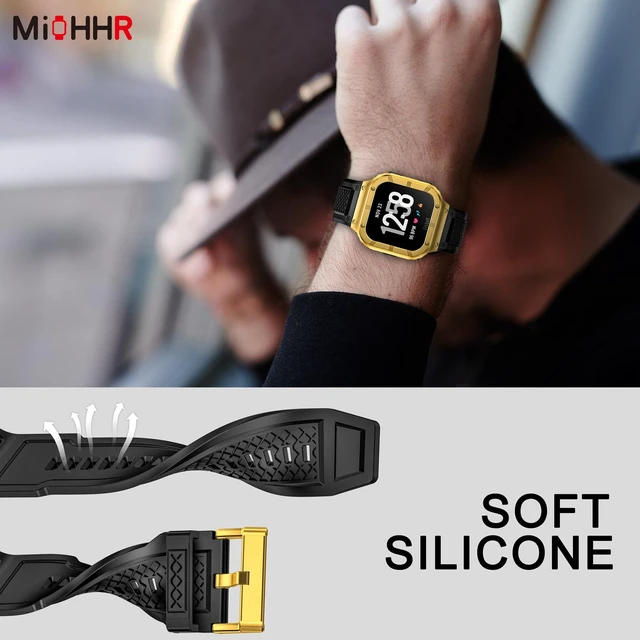 Alt view image 6 of 6 - Silicone Bands with Metal Case for Fitbit Versa 4/3/2/Lite, Sense/Sense 2 Soft Silicone Bands with Metal Case, Rugged Sports Protector Cover Replacement Wristbands for Men Women, Gold