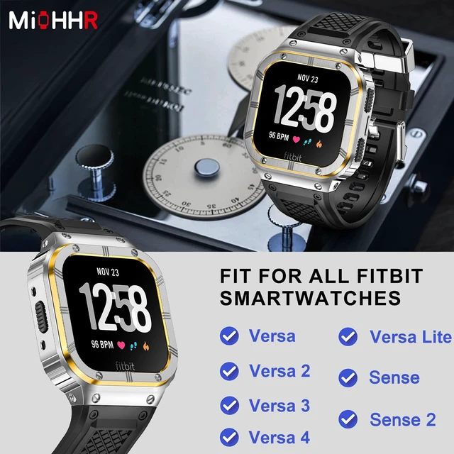 Alt view image 2 of 6 - Silicone Bands with Metal Case for Fitbit Versa 4/3/2/Lite, Sense/Sense 2 Soft Silicone Bands with Metal Case, Rugged Sports Protector Cover Replacement Wristbands for Men Women, Silver/Gold