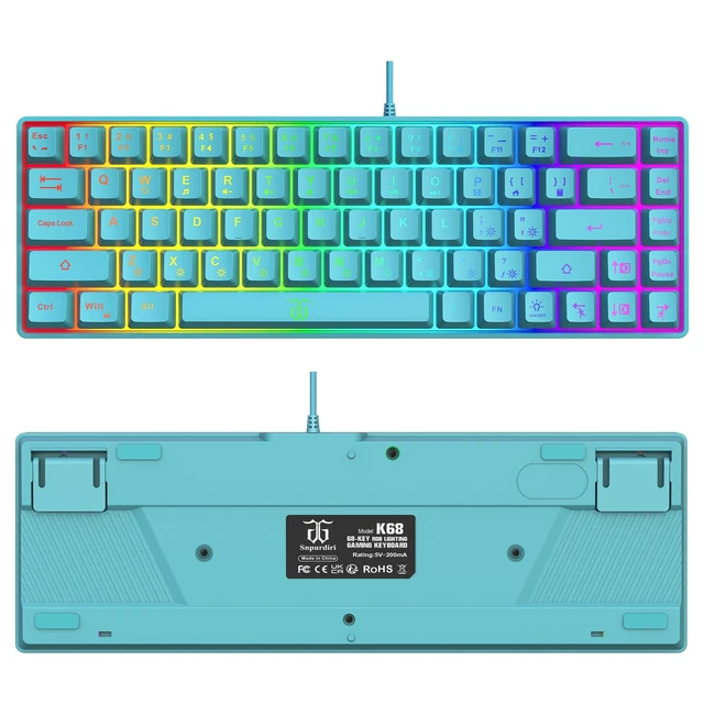 Alt view image 3 of 7 - 65% Membrane Gaming Keyboard, RGB (68 Keys,Blue) Compact Wired Small Gaming Keyboard for PC/Mac Gamer, Typist, Travel, Easy to Carry on Business Trip