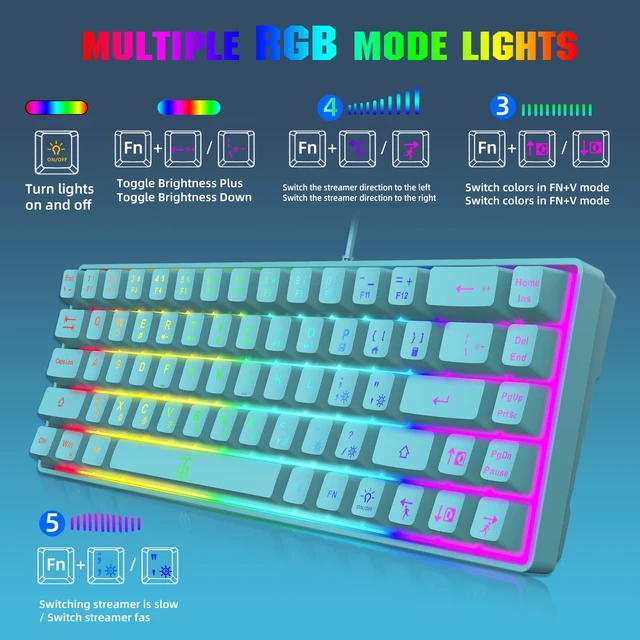 Alt view image 5 of 7 - 65% Membrane Gaming Keyboard, RGB (68 Keys,Blue) Compact Wired Small Gaming Keyboard for PC/Mac Gamer, Typist, Travel, Easy to Carry on Business Trip