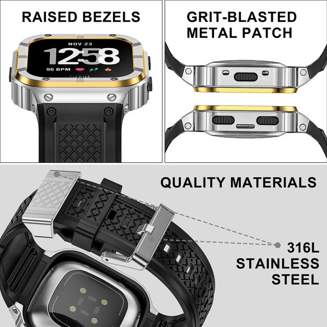 Alt view image 5 of 6 - Silicone Bands with Metal Case for Fitbit Versa 4/3/2/Lite, Sense/Sense 2 Soft Silicone Bands with Metal Case, Rugged Sports Protector Cover Replacement Wristbands for Men Women, Silver/Gold
