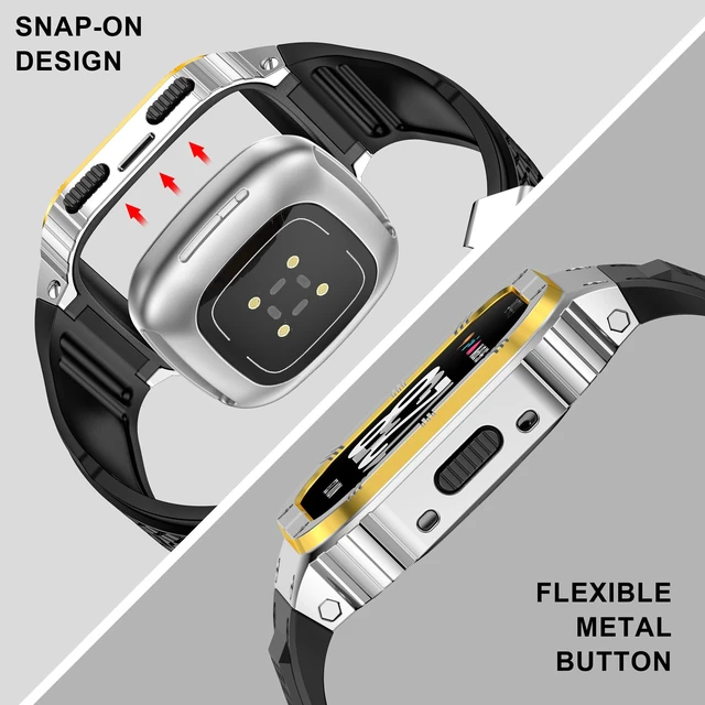 Alt view image 4 of 6 - Silicone Bands with Metal Case for Fitbit Versa 4/3/2/Lite, Sense/Sense 2 Soft Silicone Bands with Metal Case, Rugged Sports Protector Cover Replacement Wristbands for Men Women, Silver/Gold