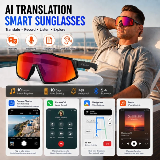 Alt view image 2 of 7 - AI Smart Glasses with Open-Ear Audio, Orange Red Bluetooth Sunglasses, Polarized UV400, Hands-Free Calls, Real-Time Translation, Recording, IP65 Waterproof,Cycling Running