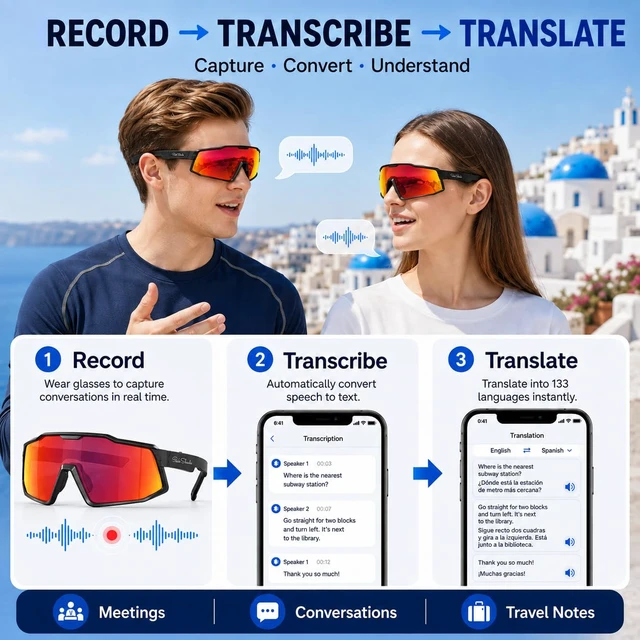 Alt view image 4 of 7 - AI Smart Glasses with Open-Ear Audio, Orange Red Bluetooth Sunglasses, Polarized UV400, Hands-Free Calls, Real-Time Translation, Recording, IP65 Waterproof,Cycling Running