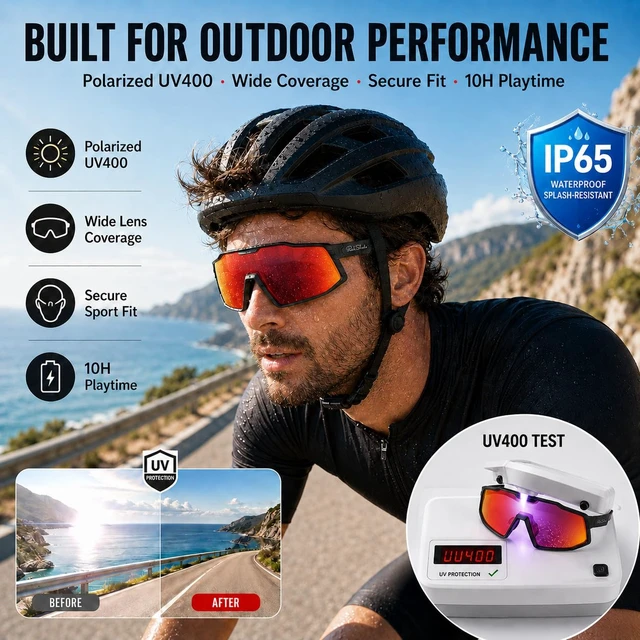 Alt view image 5 of 7 - AI Smart Glasses with Open-Ear Audio, Orange Red Bluetooth Sunglasses, Polarized UV400, Hands-Free Calls, Real-Time Translation, Recording, IP65 Waterproof,Cycling Running
