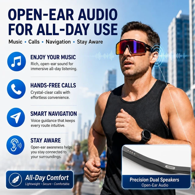 Alt view image 6 of 7 - AI Smart Glasses with Open-Ear Audio, Orange Red Bluetooth Sunglasses, Polarized UV400, Hands-Free Calls, Real-Time Translation, Recording, IP65 Waterproof,Cycling Running