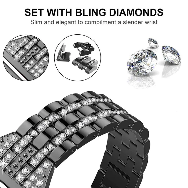 Alt view image 2 of 6 - Bands Compatible with Fitbit Versa 2/Versa Lite/Versa, Women Replacement Metal Rhinestone Bling Bracelet Wristband, Black
