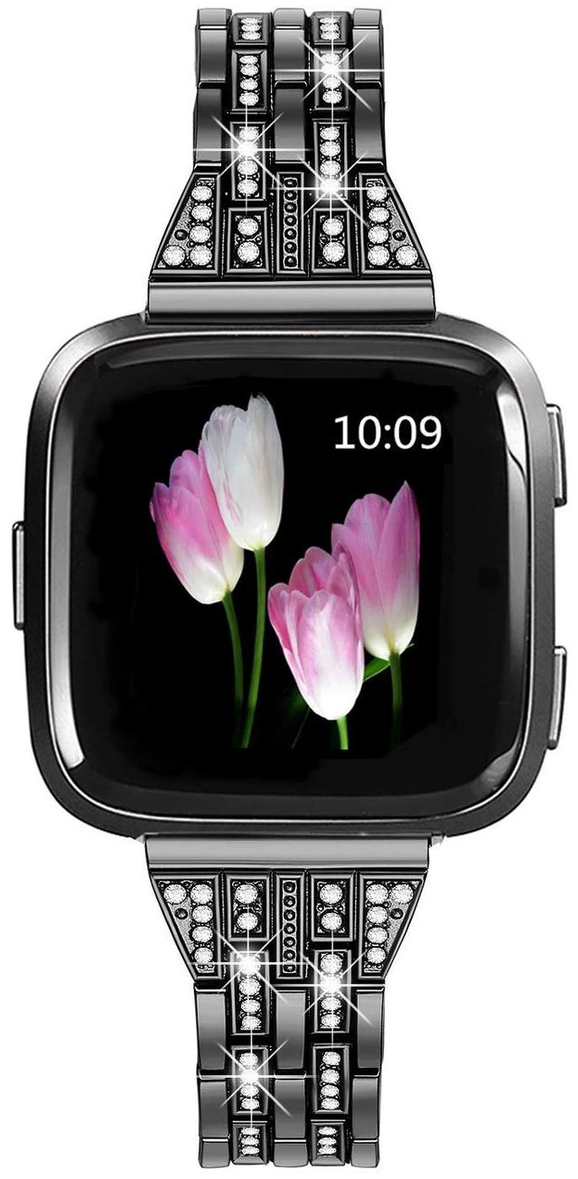 Main image of Bands Compatible with Fitbit Versa 2/Versa Lite/Versa, Women Replacement Metal Rhinestone Bling Bracelet Wristband, Black