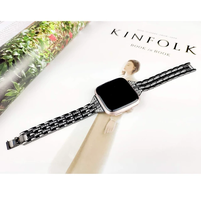 Alt view image 5 of 6 - Bands Compatible with Fitbit Versa 2/Versa Lite/Versa, Women Replacement Metal Rhinestone Bling Bracelet Wristband, Black
