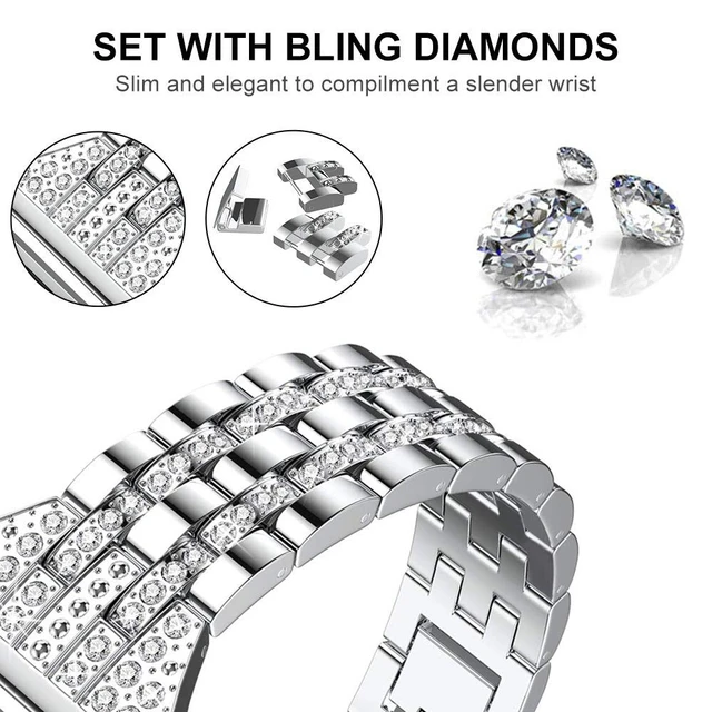 Alt view image 2 of 7 - Bands Compatible with Fitbit Versa 2/Versa Lite/Versa, Women Replacement Metal Rhinestone Bling Bracelet Wristband, Silver