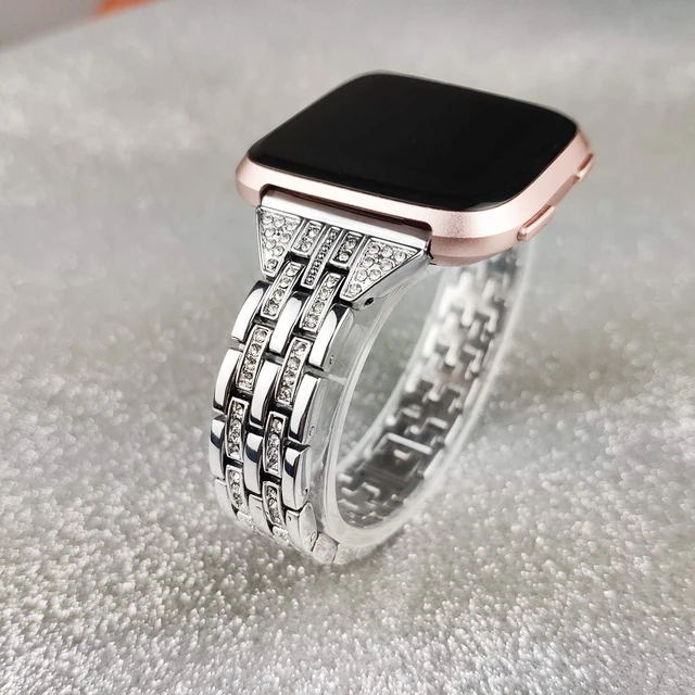 Alt view image 3 of 7 - Bands Compatible with Fitbit Versa 2/Versa Lite/Versa, Women Replacement Metal Rhinestone Bling Bracelet Wristband, Silver