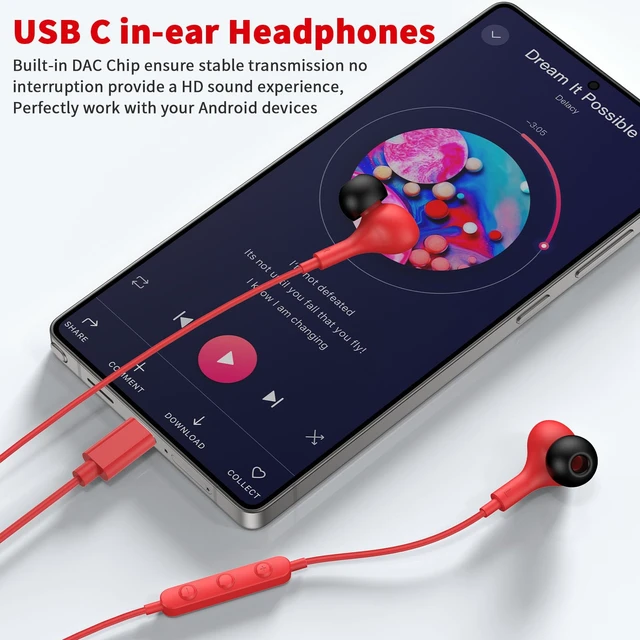 Alt view image 3 of 7 - USB C Headphones Wired Earbuds for iPhone 18 Pro Max 17 16 15,Red for Samsung S26 S25 Ultra S24 Wired Headphones,Corded USB Type C Earphone with Microphone&Remote for iPad 10 11th Pixel 10a 9