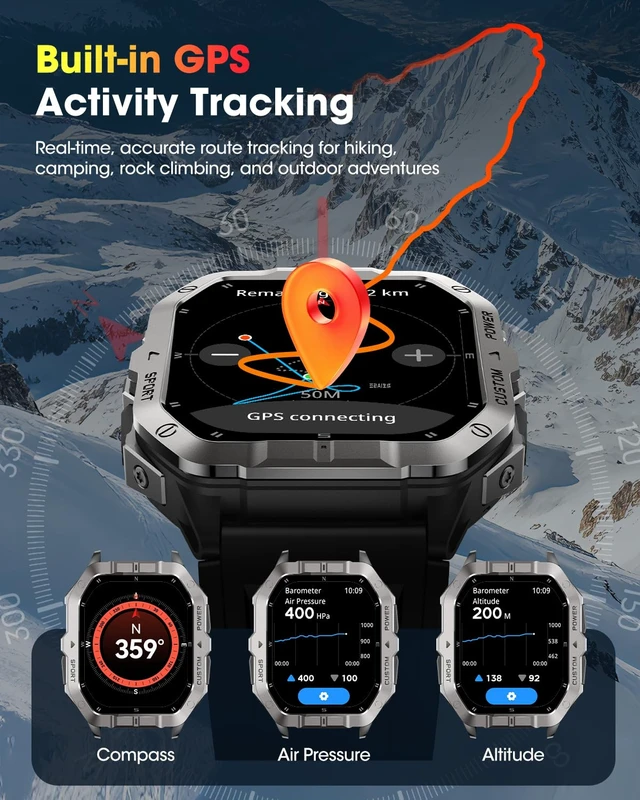 Alt view image 2 of 7 - Military Smart Watches Built-in GPS, Bluetooth Call 2.02'' Smart Watches for Men, Heart Rate Monitor, Sleep Monitor, 2 ATM Waterproof, 100+ Sports Modes for Android iPhone