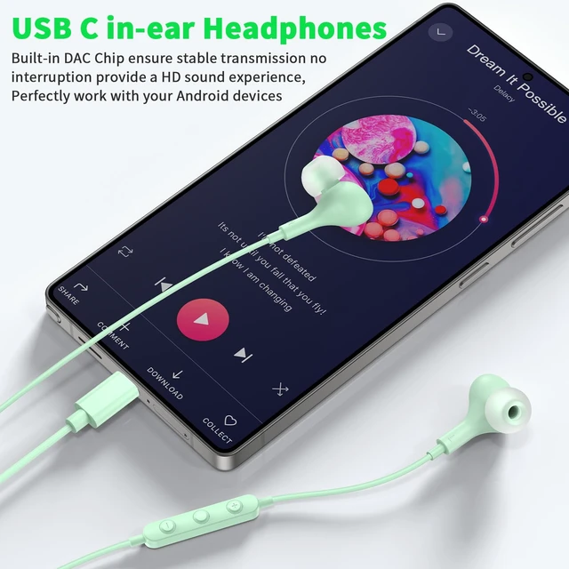 Alt view image 4 of 7 - USB C Headphones Wired Earbuds for iPhone 18 Pro Max 17 16 15,Green for Samsung S26 S25 Ultra S24 Wired Headphones,Corded USB Type C Earphone with Microphone&Remote for iPad 10 11th Pixel 10a 9